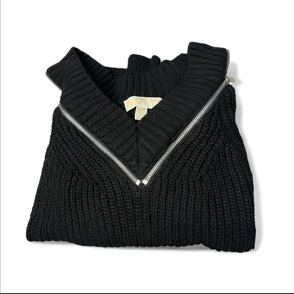 Michael Kors Black Chunky Knit Zip Cold Shoulder Sweater - Picture 3 of 8